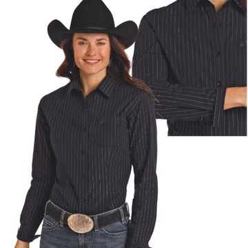 Panhandle Ladies Black w/Silver Pinstripe Button Down Shirt