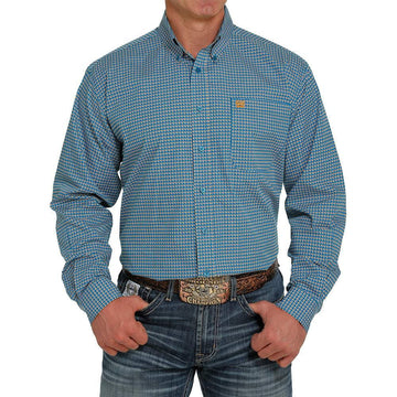 Cinch Men's Blue with Orange/Navy Square Print Button Up