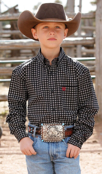 Cinch Kids Black With Red/White Squares Button Up