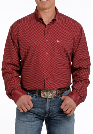 Cinch Men's Arenaflex Red Square Print LS Button Up