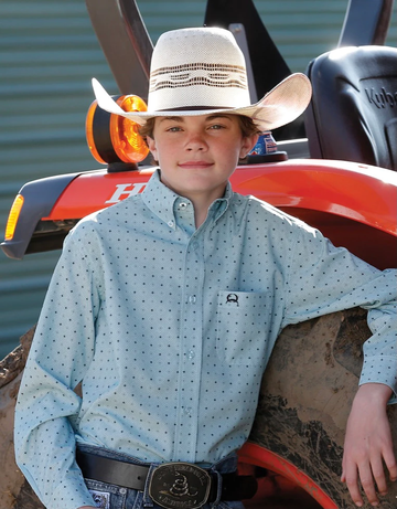 Cinch Boys Arenaflex Light Blue Square Pattern Button Up