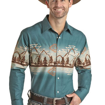 Panhandle Mens Blue Mountain Aztec Border Long Sleeve Snap