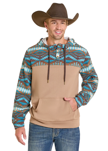 Rock & Roll Men's Hoodie w/Snaps Tan/Teal Aztec