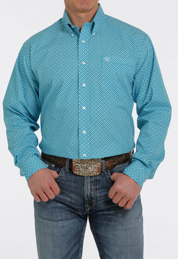 Cinch Men's Blue Square Print Button Up