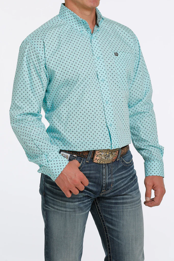 Cinch Men's Aqua Square Print Button Up