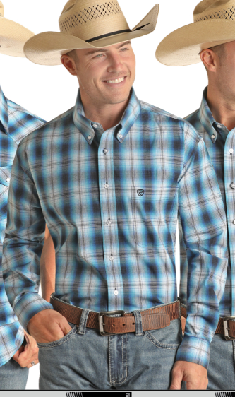 Rock & Roll Men's LS Blue Woven Plaid Button Up