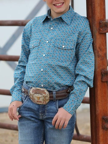 Cinch Boys Blue Geo Print Snap Shirt