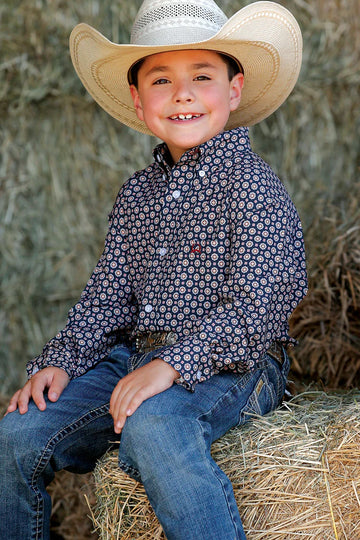 Cinch Boys Arenaflex Navy Geo Print Button Up