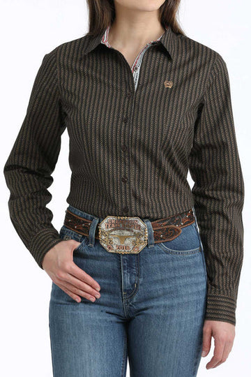 Cinch Ladies Brown Stripe LS Button Up Shirt