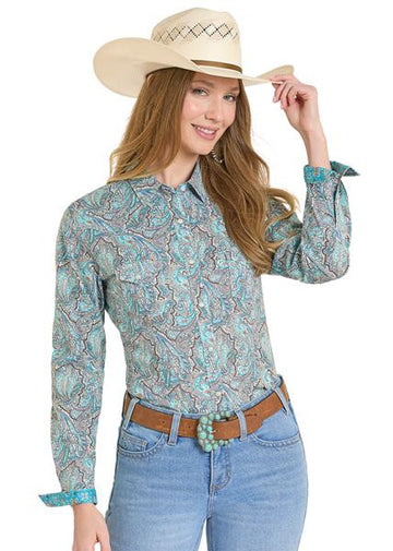 Panhandle Ladies Teal Paisley LS Snap Shirt