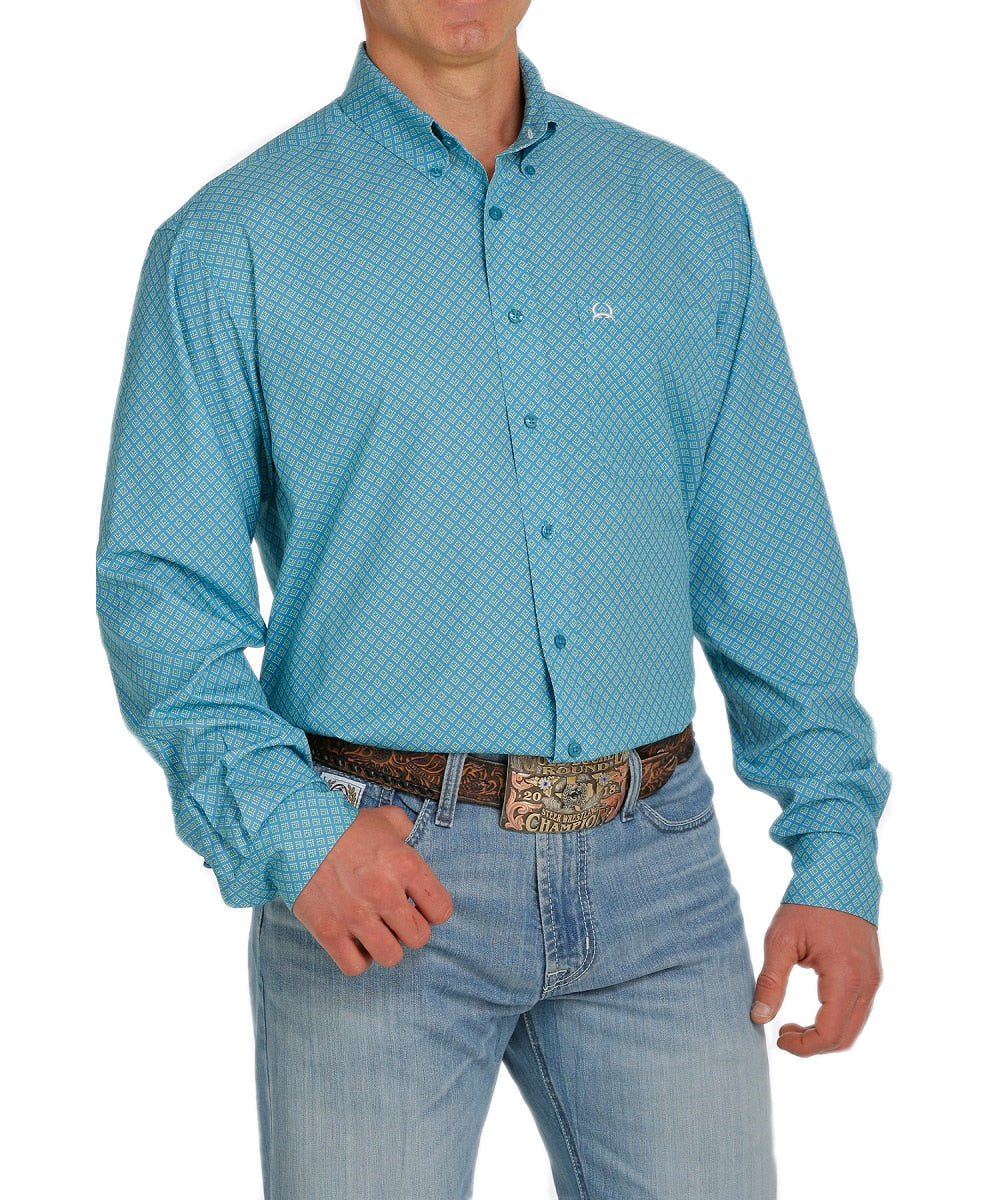 Cinch Men's Arenaflex Teal Square Print LS Button Up