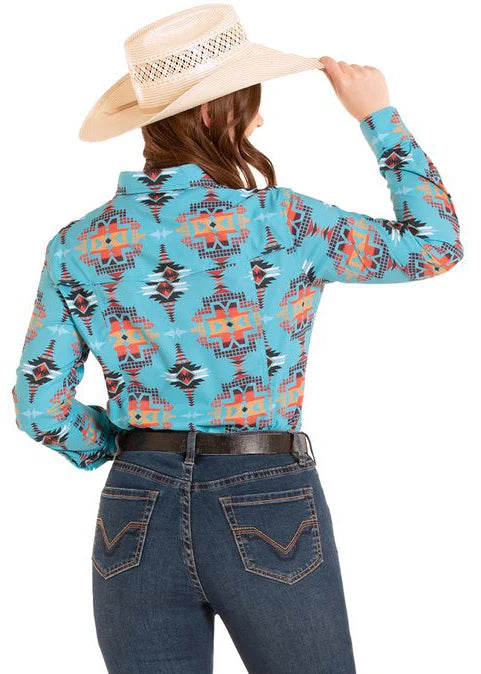 Rock & Roll Ladies Turquoise Aztec LS Snap Shirt