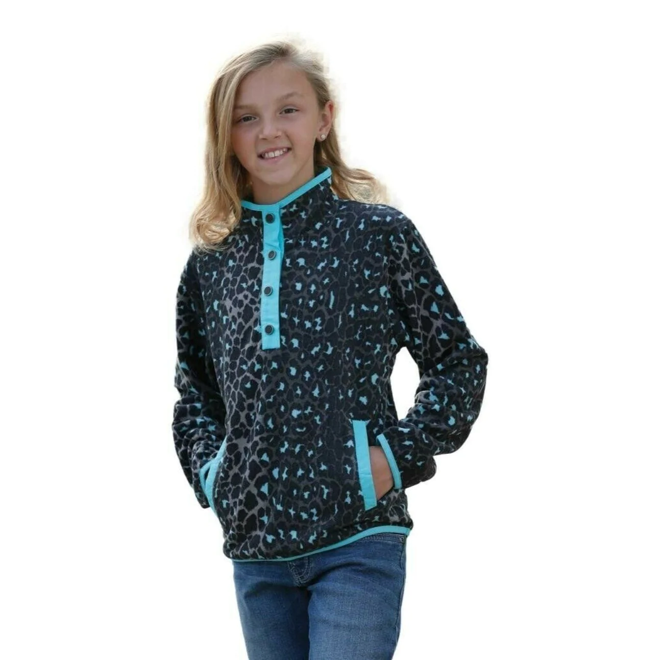 Cinch Girls Black/Blue Leopard Print Fleece with Snaps