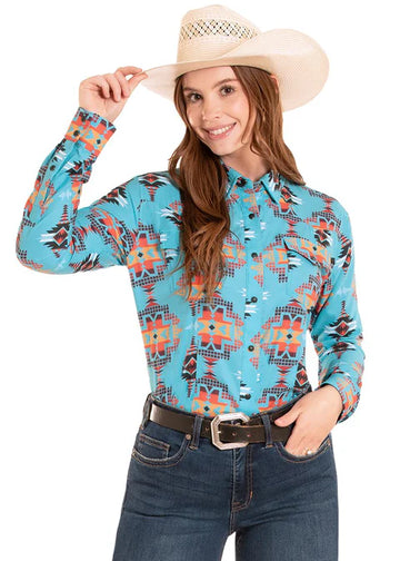 Rock & Roll Ladies Turquoise Aztec LS Snap Shirt