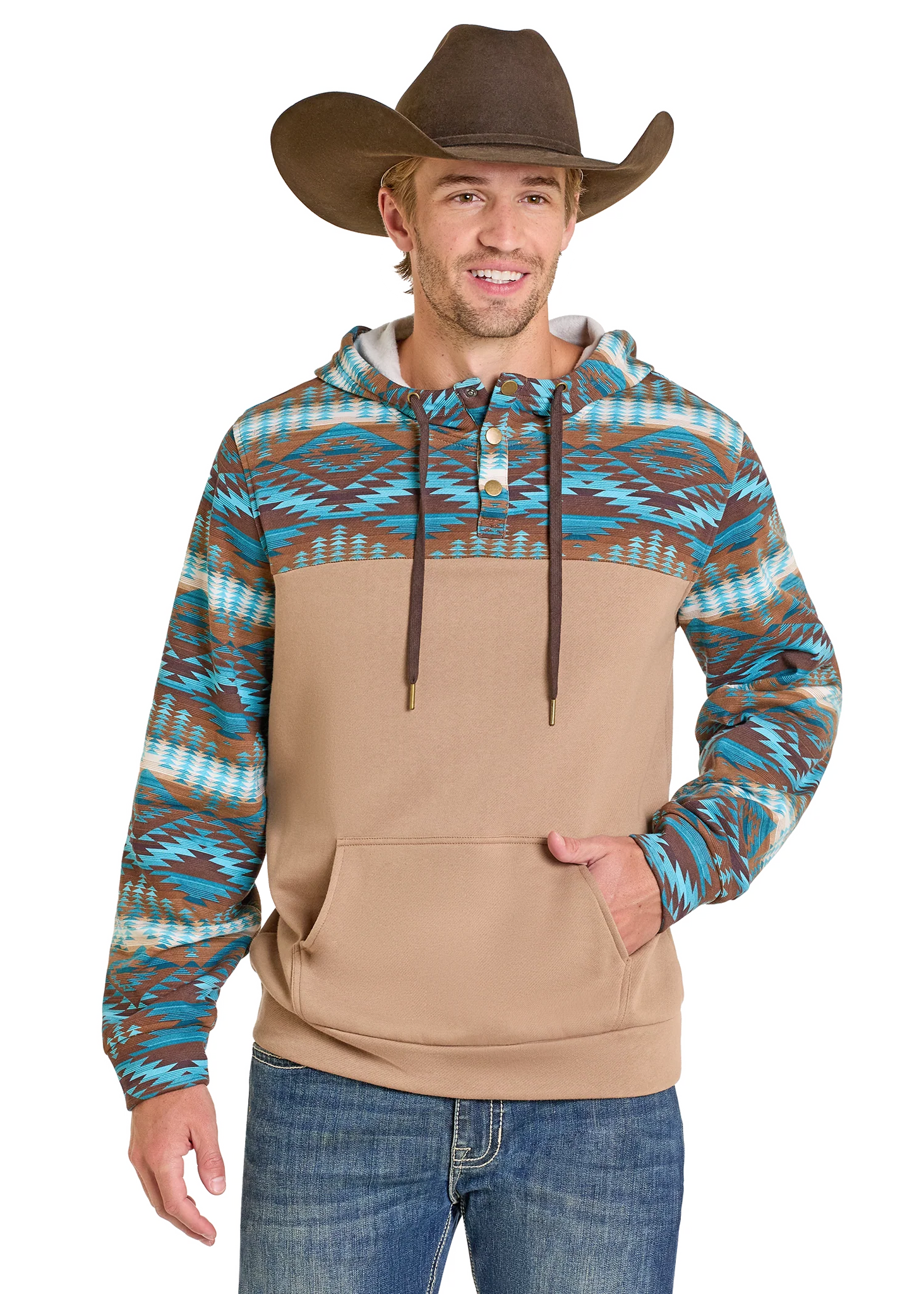 Rock & Roll Men's Hoodie w/Snaps Tan/Teal Aztec