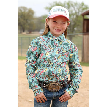 Cinch Girls Teal Cactus LS Snap Shirt