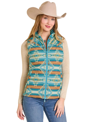 Panhandle Ladies Reversible Quilted Vest- Aqua/Aztec