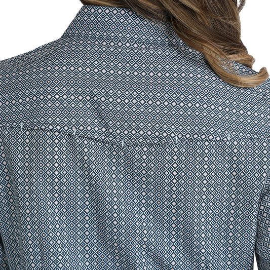 Cinch Ladies Navy/Peach Squares ArenaFlex LS Snap Shirt