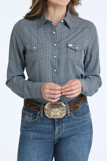 Cinch Ladies Navy/Peach Squares ArenaFlex LS Snap Shirt