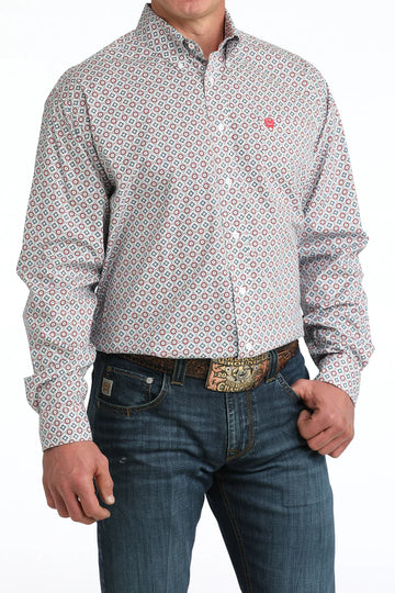 Cinch Men's Red/White/Blue Geo Print LS Button Up Shirt