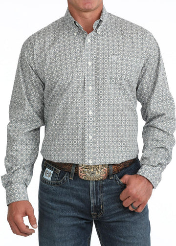 Cinch Men's Cream/Blue Geometric Print LS Button Up Shirt