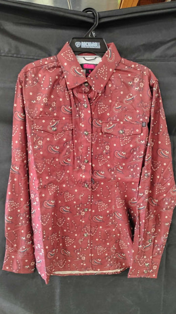 Rock & Roll Ladies Burgundy Bandana & Boots LS Snap Tek Shirt