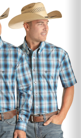 Rock & Roll Men's SS Blue Woven Plaid Button Up