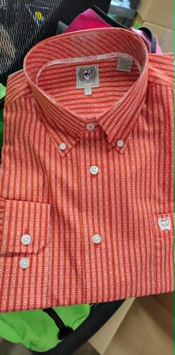 Cinch Men's Red Striped LS Button Up Shirt