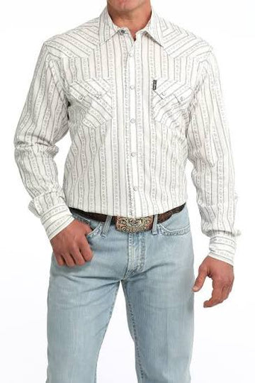 Cinch Men's White Striped LS Marble Snap Shirt