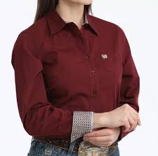 Cinch Ladies Stretch Maroon Pinstripe Button Up